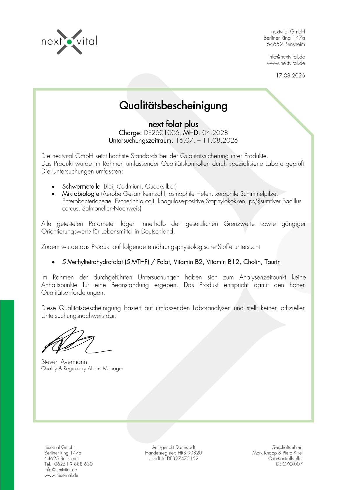 Qualitätsbescheinigung next folat plus 04.2028