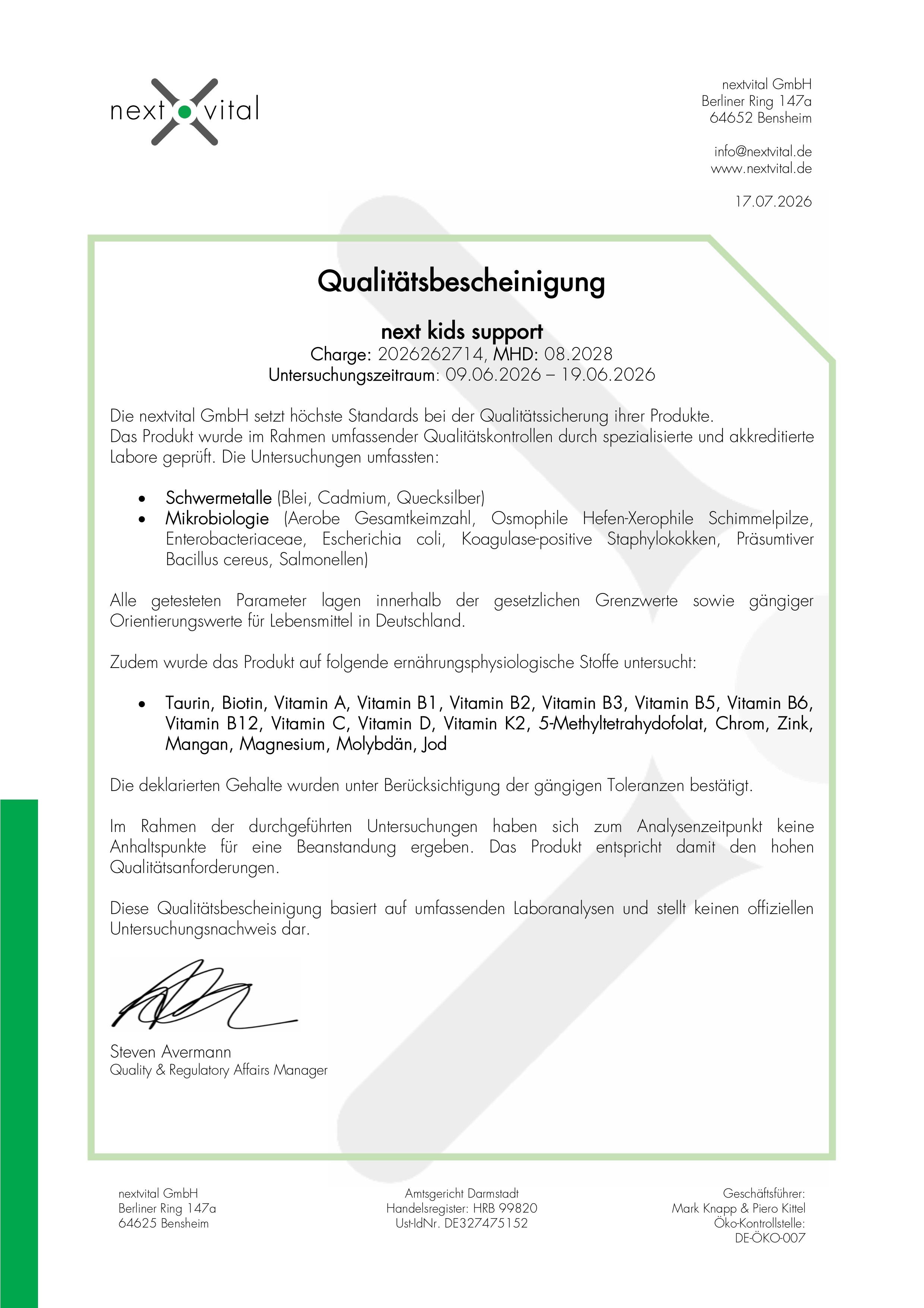 Qualitätsbescheinigung next kids support