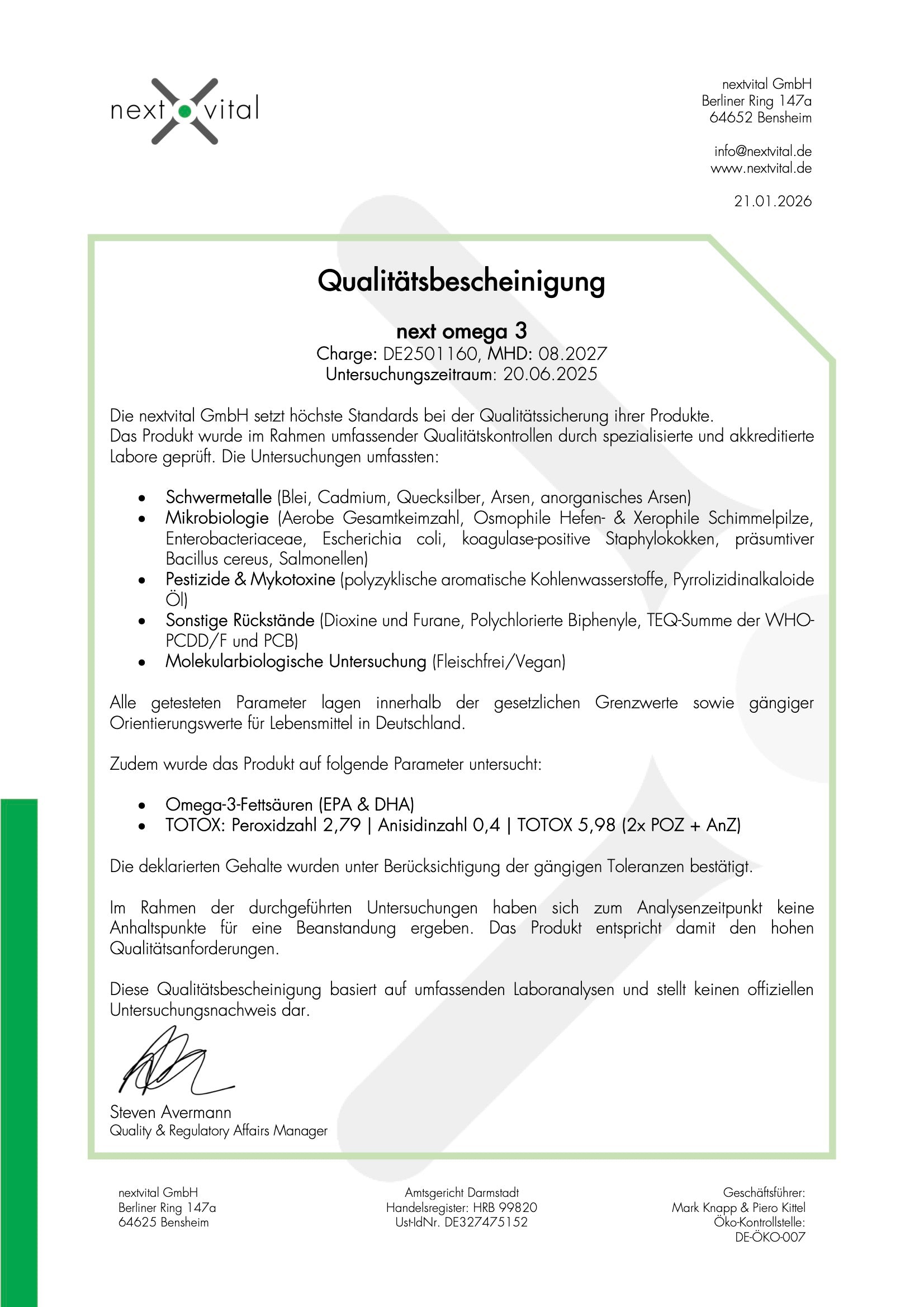 Qualitätsbescheinigung next omega 3 08.2027