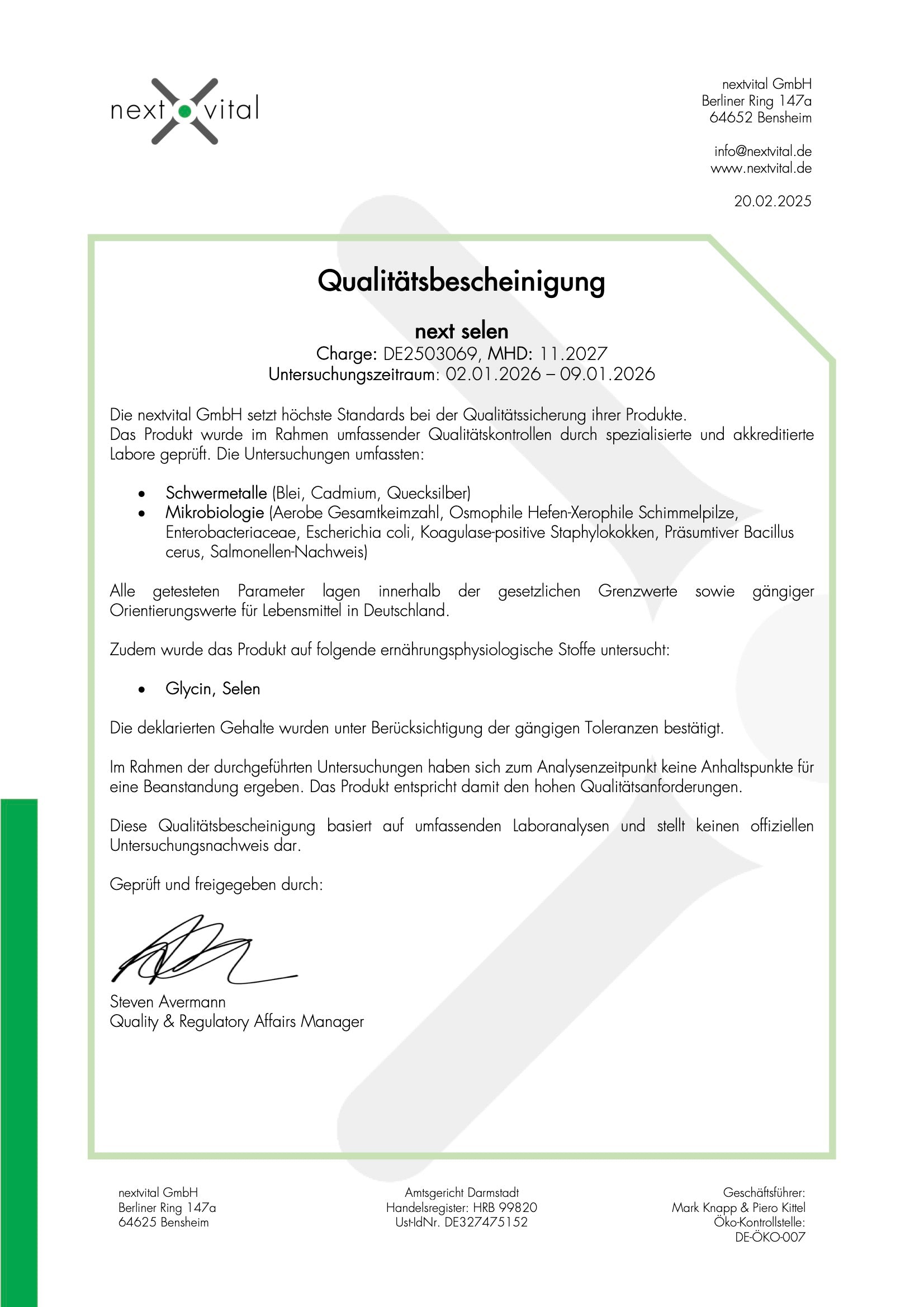 Qualitätsbescheinigung next selen 11.2027